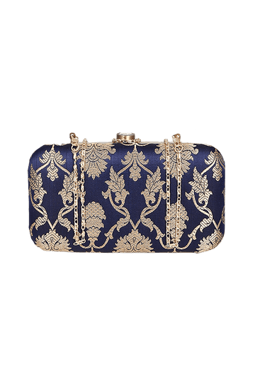 Deep Blue Brocade Box Clutchwith Sling (8 X 2 X 4.5)